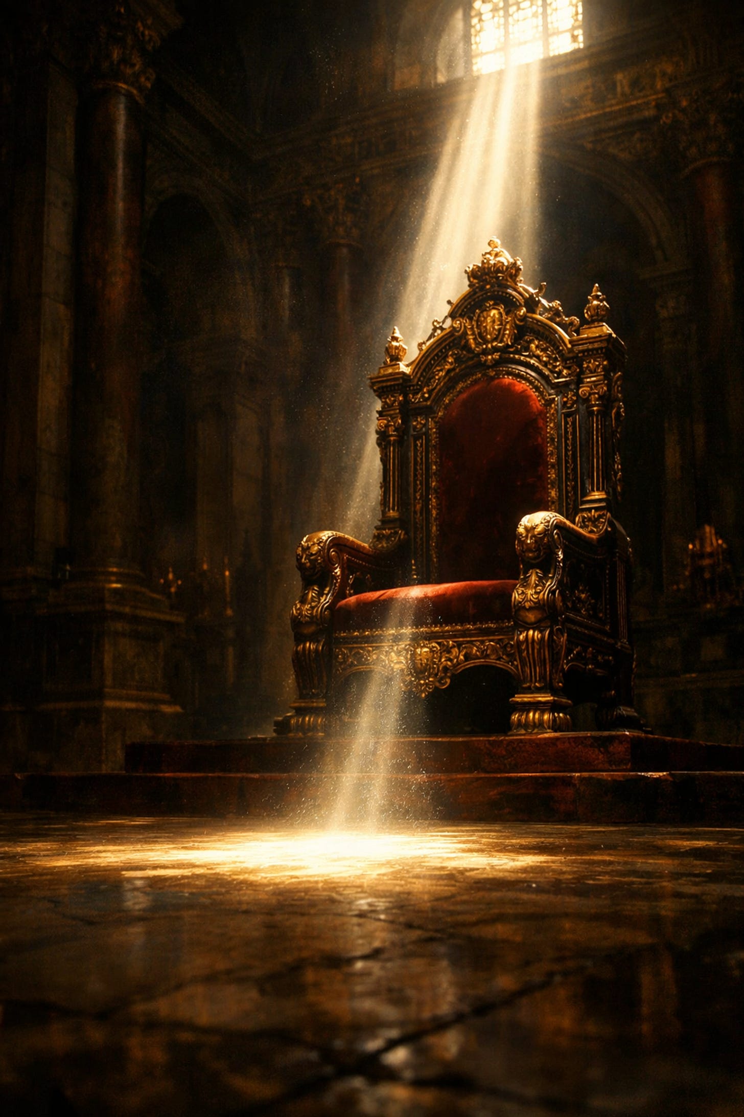 An empty ornate throne illuminated by light representing the sovereignty of God over political power.