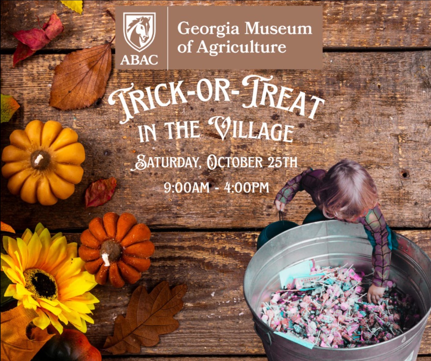 Image of wooden planks as the background with pumpkins and a tub of candy with a child reaching their hand into the tub to get the candy.  It's from ABAC in Tifton for a Trick-Or-Treat event on October 25, 2025 from 9am to 4pm at ABAC.