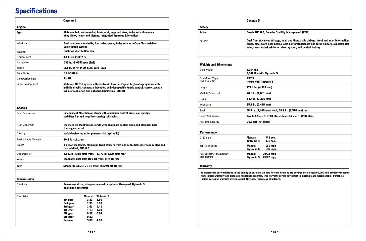 Porsche Cayman S 2006 987.1 Brochure technical specifications