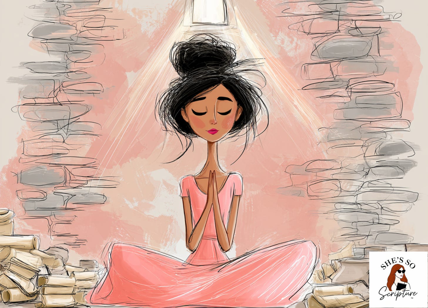 Illustrated woman in a softly lit stone room with hands open in prayer, surrounded by ancient scrolls and pottery, in a whimsical watercolor and ink style with blush pink and cream tones. Illustrated woman in a softly lit stone room with hands open in prayer, surrounded by ancient scrolls and pottery, in a whimsical watercolor and ink style with blush pink and cream tones.