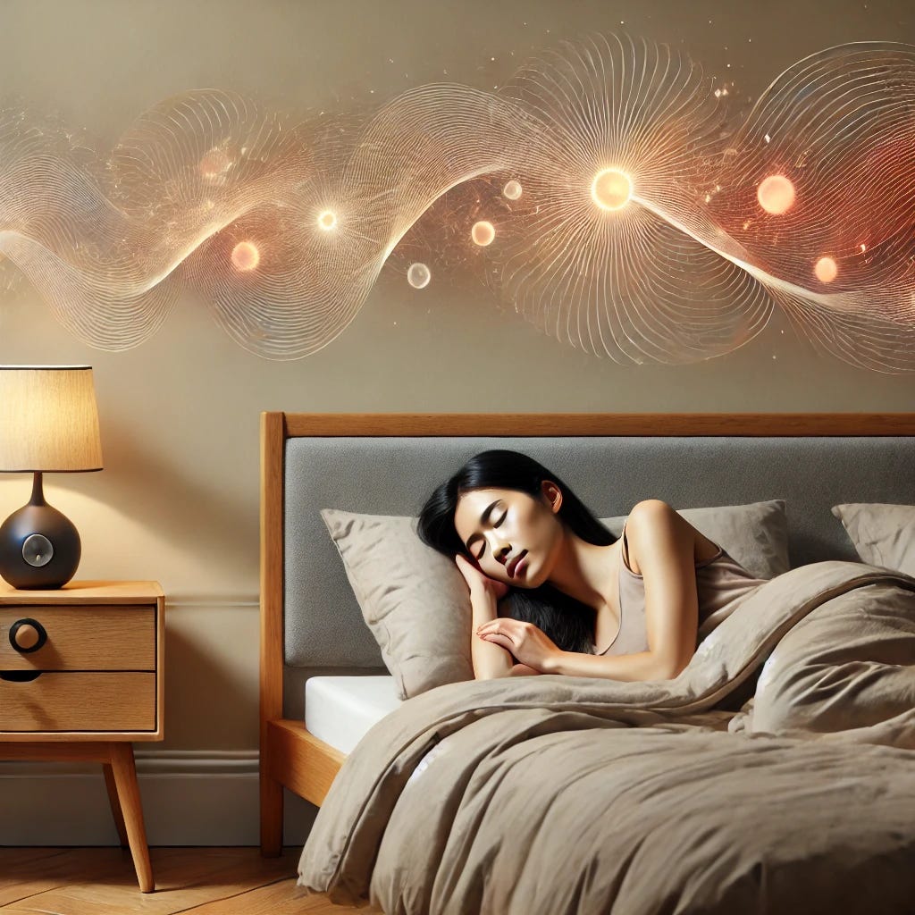 An Asian American woman peacefully sleeping in a cozy, minimalist bedroom with soft lighting and warm tones. Above her, abstract and dreamlike visuals are subtly represented as glowing, swirling light patterns, soft waves, or ethereal orbs that symbolize her unconscious mind. The room features Scandinavian-inspired design, wooden furniture, and neutral bedding. The style is modern, calming, and introspective.