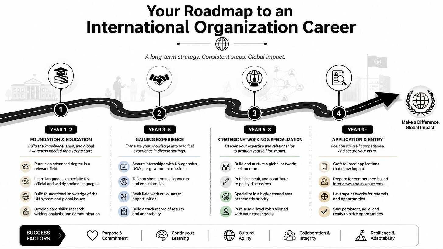 A roadmap infographic illustrating the long-term career progression steps to working in an international organization.