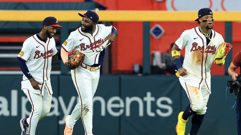 Braves outfield of Jurickson Profar, Michael Harris II, and Ronald Acuña Jr.