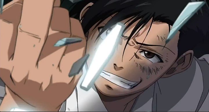 Rock flips up a middle finger. In the second picture, he tells Kageyama he's no longer Rokuro Okajima, but instead Rock.