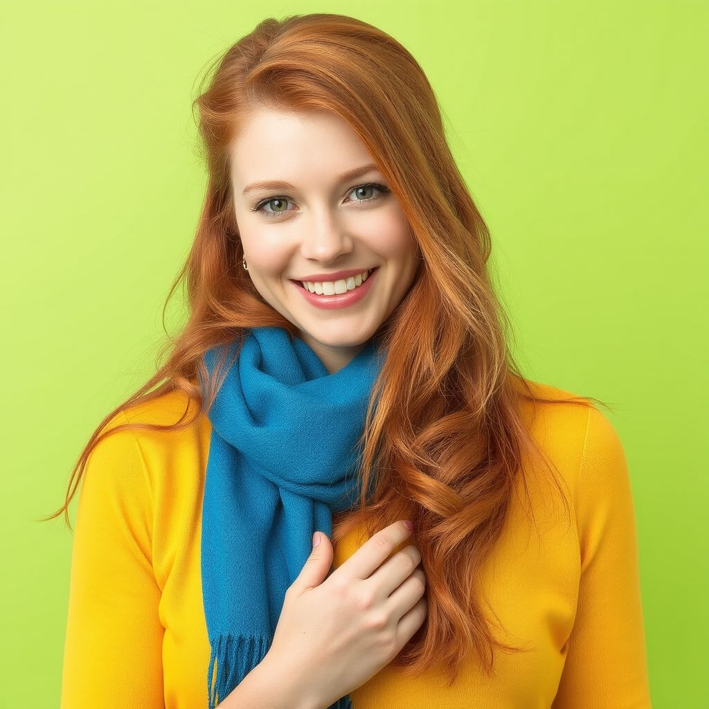 Happy 25-year old, red-haired, caucasian woman with vivid color clothes wearing a blue scarf, wearing contrasting vivid color accessories celebrating success isolated on vivid contrasting green background with space. High- Happy 25-year old, red-haired, caucasian woman with vivid color clothes wearing a blue scarf, wearing contrasting vivid color accessories celebrating success isolated on vivid contrasting green background with space. High-