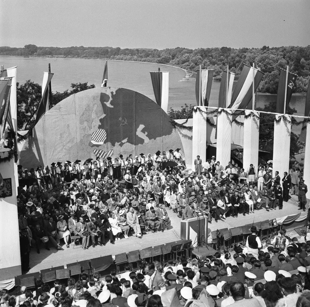 Pan-Slavic celebrations in Czechoslovakia after WWII, with attendees from Bulgaria, Poland, the Soviet Union, and Yugoslavia, 1945.