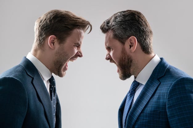 Intense confrontation between two angry bearded men in suits shouting face  to face | Premium AI-generated image