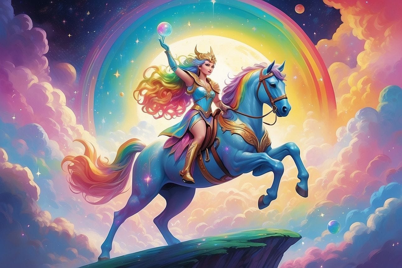 A majestic female warrior with flowing rainbow-colored hair sits atop a powerful blue horse. She wears shimmering silver armor adorned with a red gemstone, while a radiant rainbow arcs across the star-filled sky behind her.