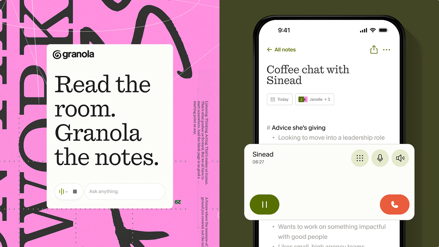 Left: Granola's desktop interface with the tagline "Read the room. Granola the notes." Right: The Granola iPhone app showing notes from a coffee chat, with speaker labels, bullet-point summaries, and recording controls. Alt-text assistance by Claude.