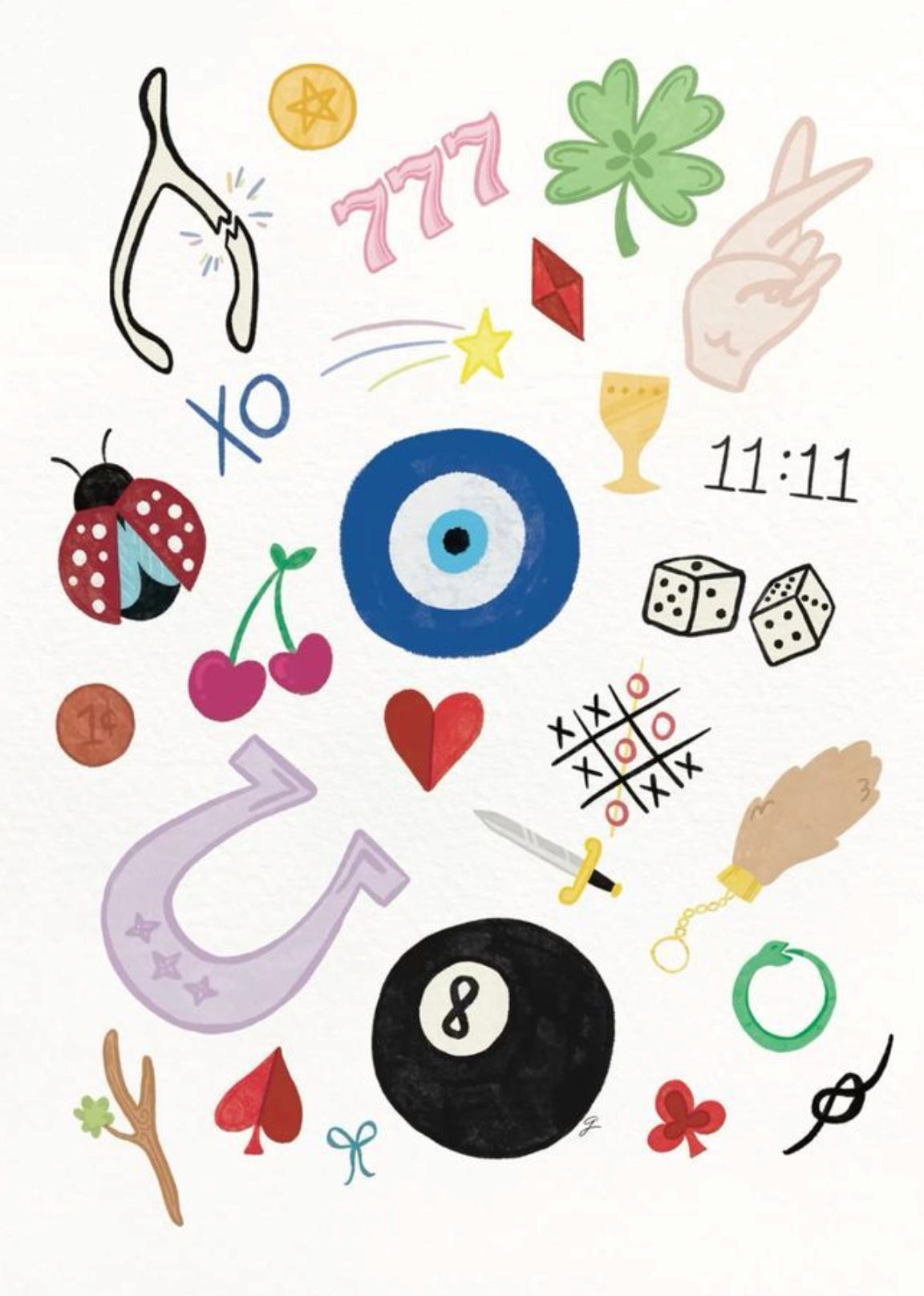 lucky horseshoe 8 ball wishbone 777 ladybug dice 11:11 clover evil eye