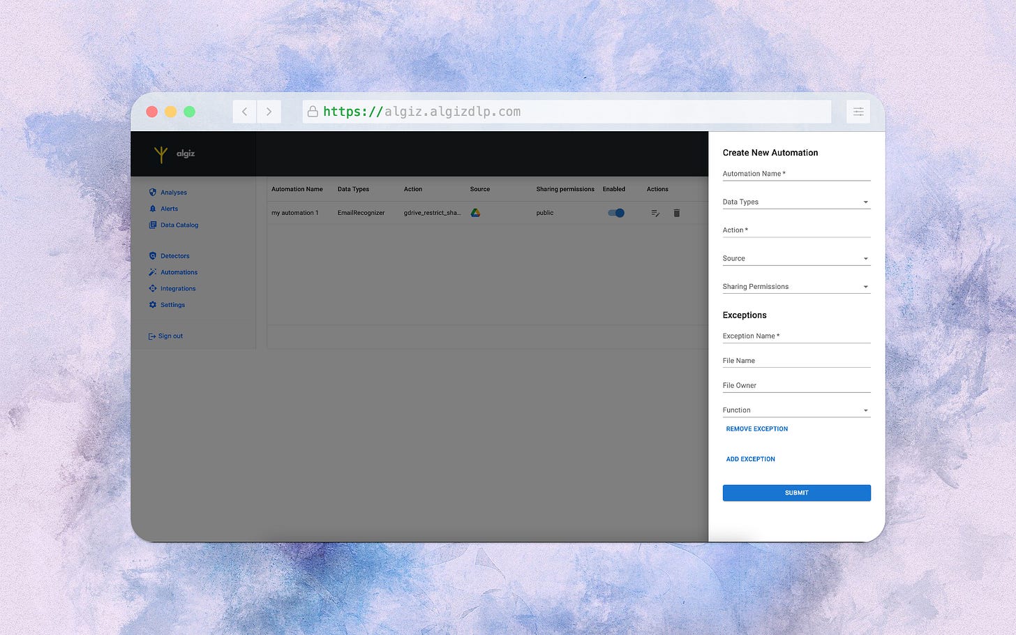 A screenshot showcasing a drawer from the right-hand side of screen over Algiz dashboard