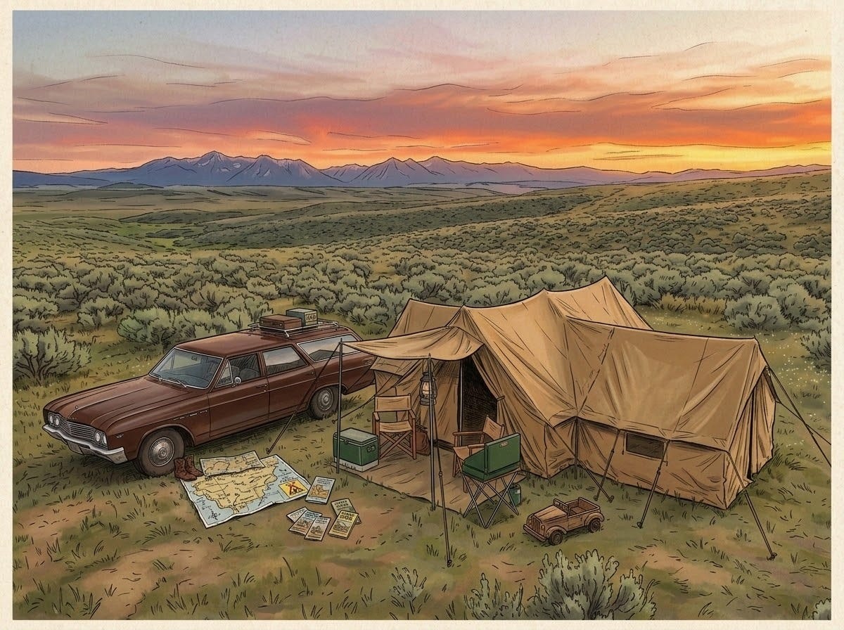 A nostalgic, evocative scene in a wide, open American landscape at dusk. A vintage 1960s Buick station wagon is parked on the grass next to a large, multi-roomed olive green canvas tent with a small patio area. The lighting is warm and golden, capturing the adventurous spirit of a late 1960s cross-country summer road trip. The vast horizon and the rugged, old-fashioned camping gear suggest a life lived without a safety net.