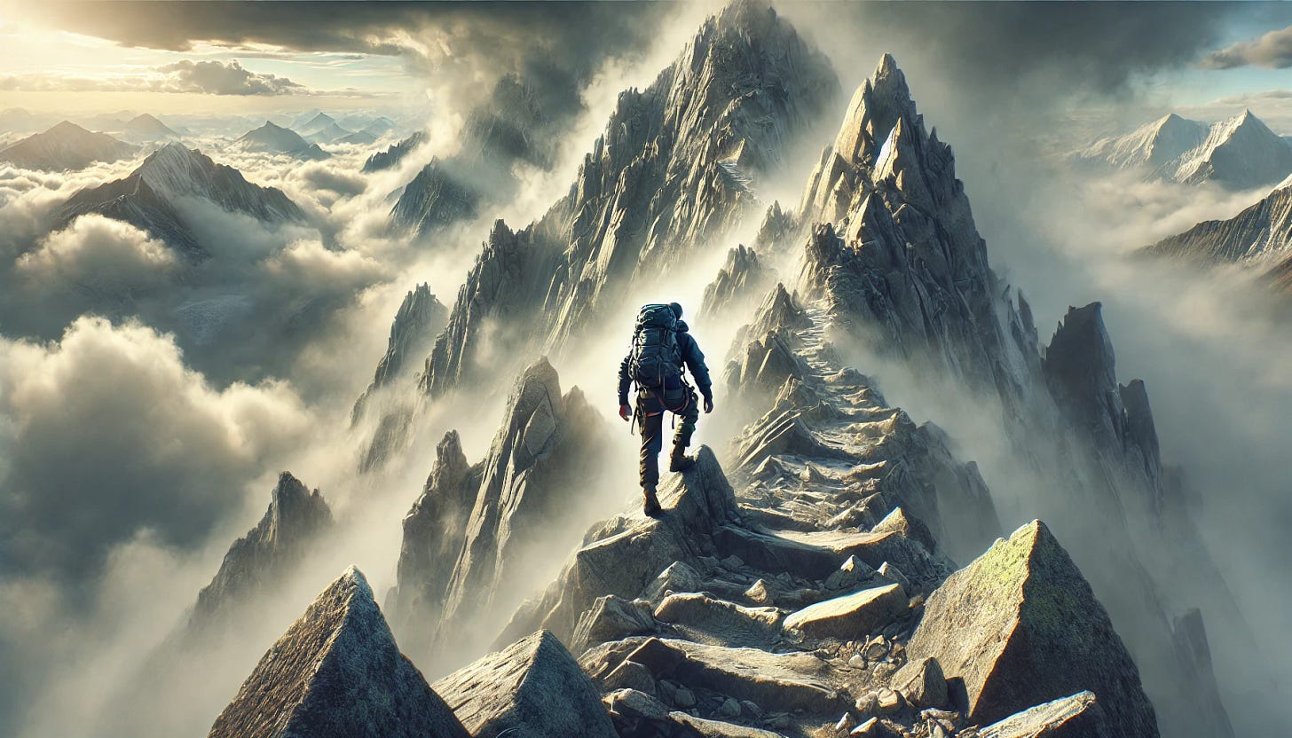 A third scene of a mountain climber ascending a rugged mountain, with steep rocky paths and unpredictable weather. The climber is wearing safety gear and navigating cautiously, facing heavy mist and strong winds that make the path ahead unclear. The summit is barely visible, symbolizing the end goal of IT migration, with rocks and clouds adding to the intense atmosphere. Realistic style, highlighting the challenges and perseverance needed to reach the peak.