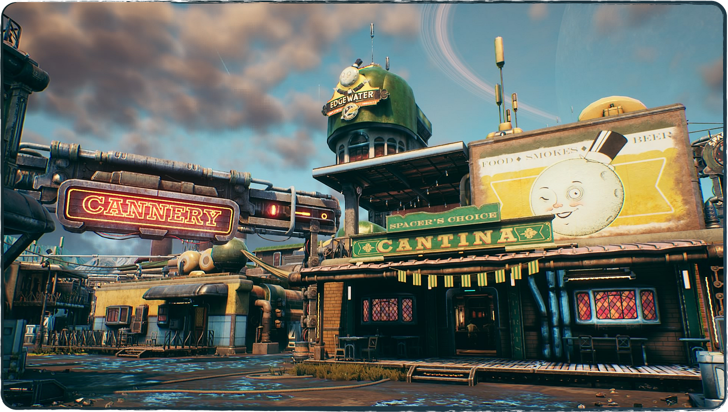 A screenshot of the town of Edgewater from The Outer Worlds! A screenshot of the town of Edgewater from The Outer Worlds!