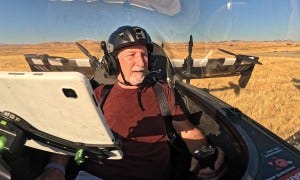 The Pivotal BlackFly flight deck includes two joysticks, an iPad with flight data, and a knob for the ballistic parachute. The Pivotal BlackFly flight deck includes two joysticks, an iPad with flight data, and a knob for the ballistic parachute.