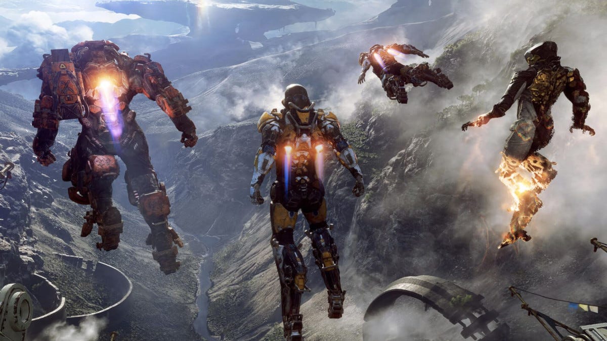 Four sci-fi supersoldiers fly high above an alien planet using jetpacks Four sci-fi supersoldiers fly high above an alien planet using jetpacks