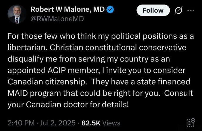 ACIP member Robert Malone tells his critics to move to Canada and commit suicide ACIP member Robert Malone tells his critics to move to Canada and commit suicide