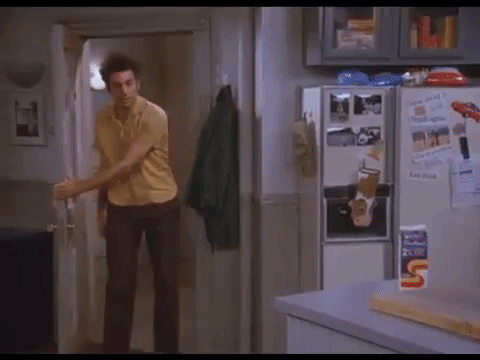 A gif of the character Kramer in the Seinfeld episode The Contest. He is slamming money down on the counter of Jerry's apartment and saying "I'm out!"