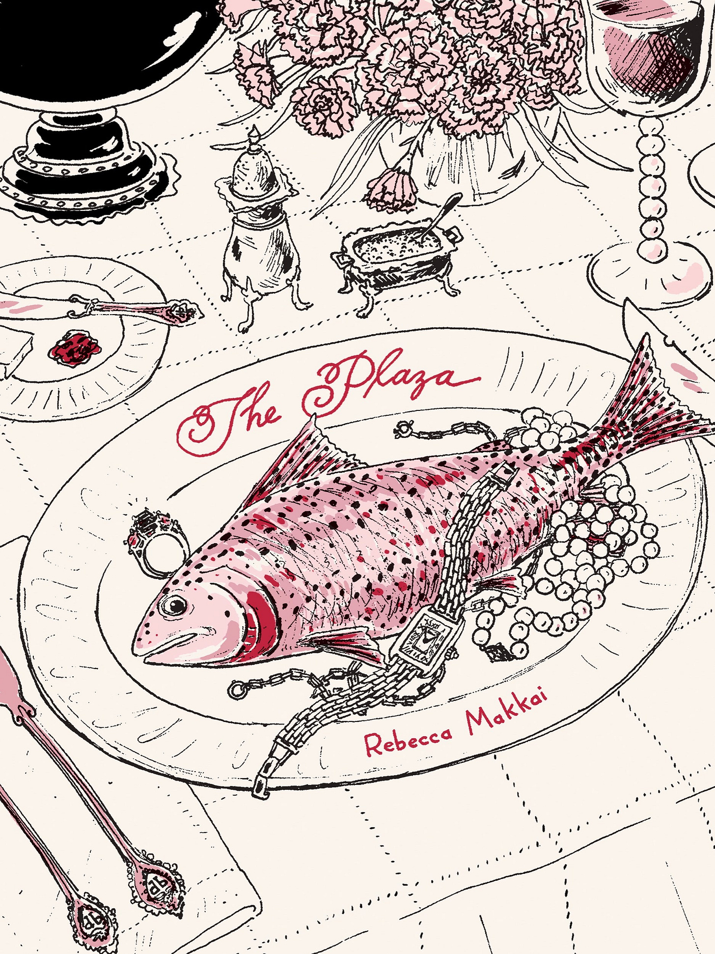 A trout fish on a plate surrounded by jewelry.