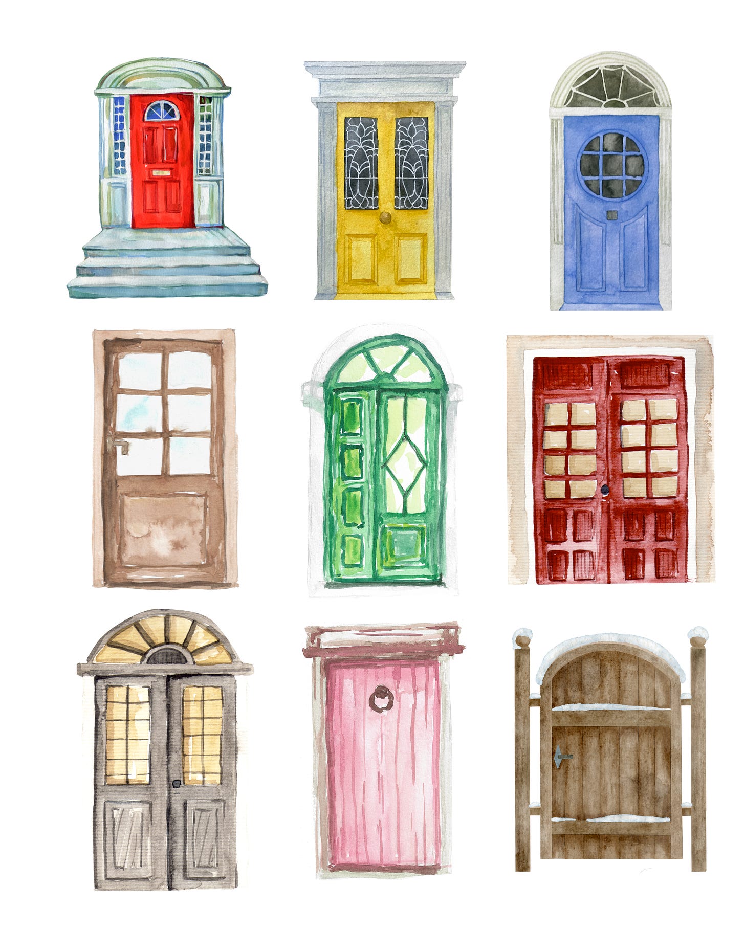 a grid of nine illustrated doors.