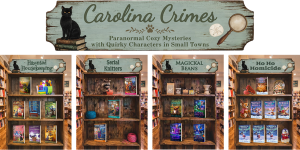 The Carolina Crimes online bookstore sign with virtual shelves showing paperbacks