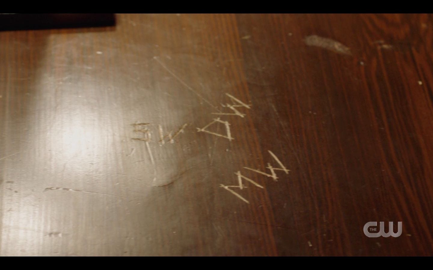 Table where Sam Dean Winchester carved their initals now with Mary Winchester initials 14.18 SPN Table where Sam Dean Winchester carved their initals now with Mary Winchester initials 14.18 SPN