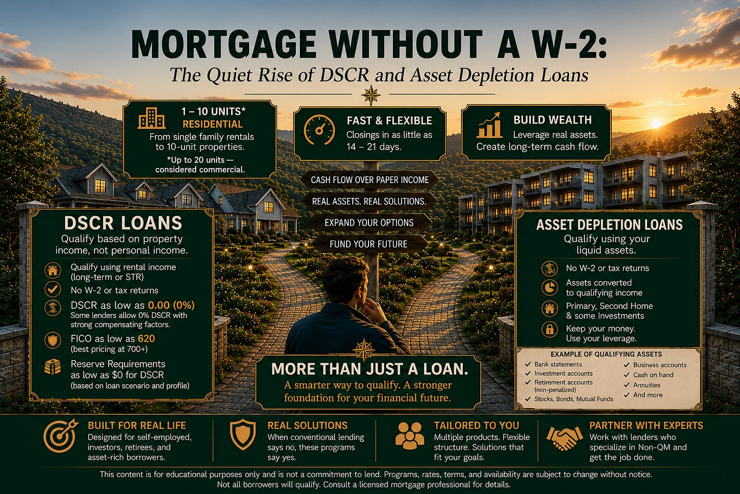 Side-by-side infographic comparing DSCR loans (qualify on rental income, 1-10 units, FICO 620+) and asset depletion loans (qualify on liquid assets, no W-2 or tax returns) as mortgage options for self-employed, investor, and retiree borrowers. Side-by-side infographic comparing DSCR loans (qualify on rental income, 1-10 units, FICO 620+) and asset depletion loans (qualify on liquid assets, no W-2 or tax returns) as mortgage options for self-employed, investor, and retiree borrowers.