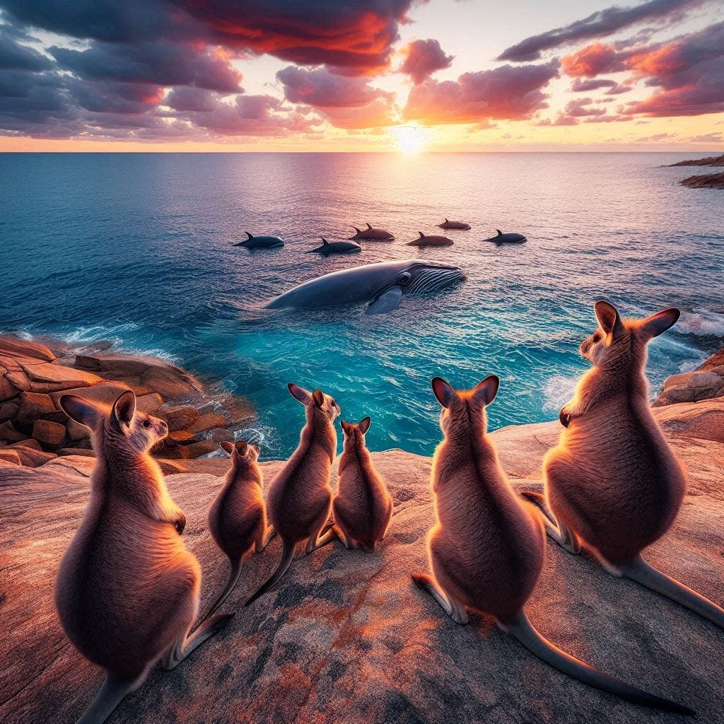 wallabies watching whales photorealistic