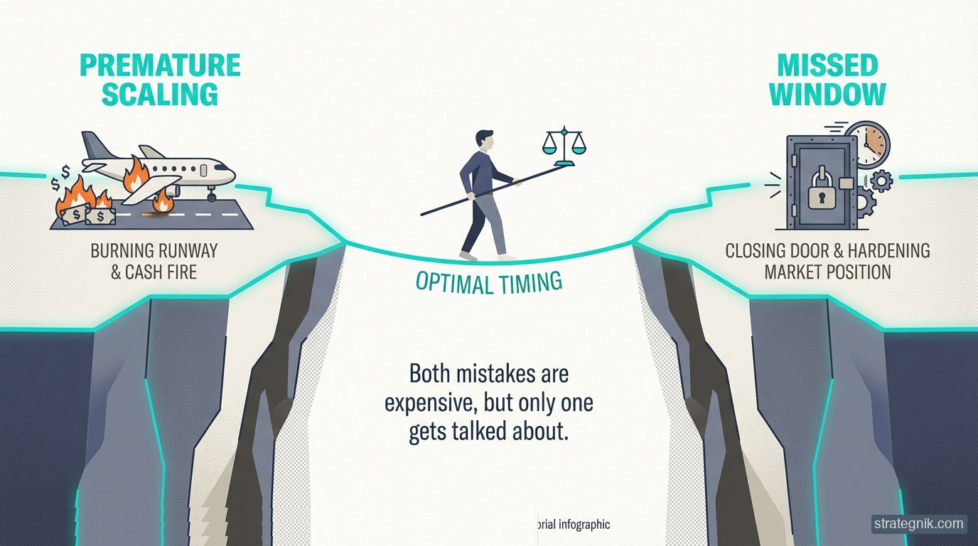 Two failure modes — premature scaling burns cash while scaling too late cedes market position Two failure modes — premature scaling burns cash while scaling too late cedes market position