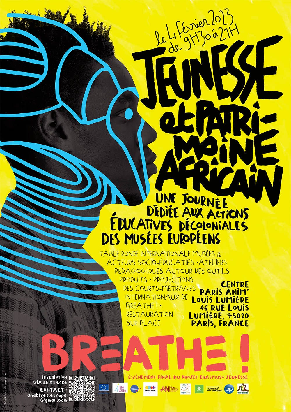 Affiche de la journée “Jeunesse et patrimoine africain” le 4 février 2023, organisée par l’association Alter Natives. À gauche, le profil d'un homme en photo, retravaillé avec des effets graphiques bleu. À droite, le titre de la journée et les informations (dates, lieux, propos). En bas, les logos des partenaires et les informations pratiques.