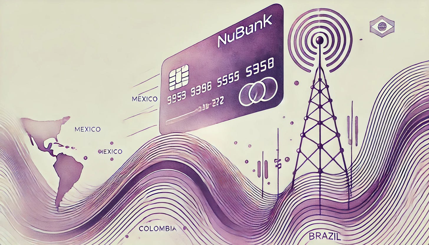 A minimalist watercolor artwork using purple tones, with an optical illusion effect, representing Nubank's emergence as an innovative leader in Latin America. The image features a stylized credit card that gradually transforms into a telecommunications antenna, symbolizing the integration of financial and mobile services through NuCel. Subtle outlines or abstract representations of Mexico, Colombia, and Brazil are incorporated to reflect geographic expansion. The composition uses fluid lines and abstract shapes to create an upward movement illusion, evoking growth and innovation, with soft gradients and clean transitions. No logos or branding are included in the image.