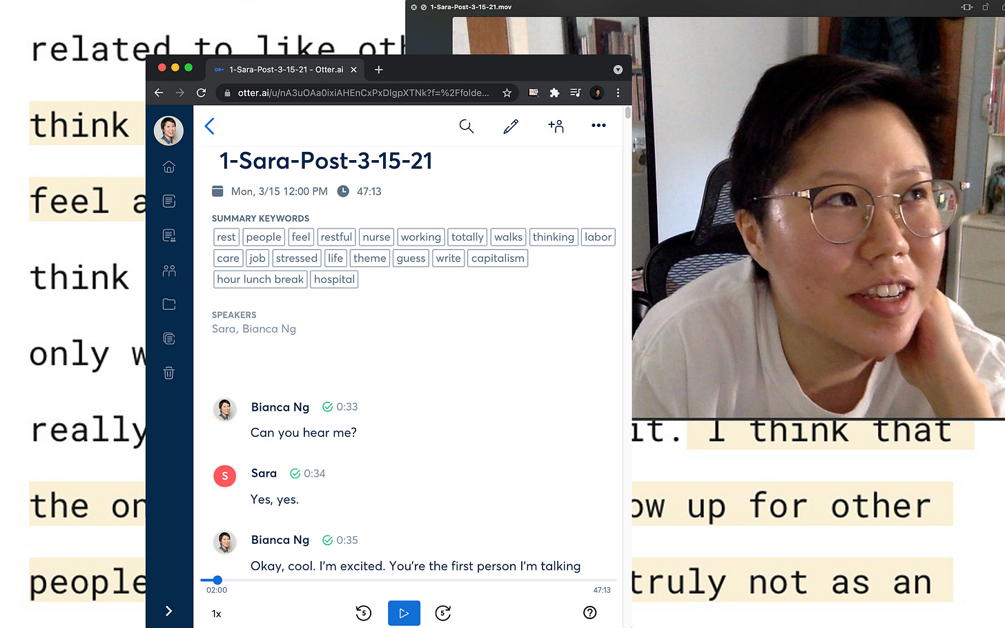 Video still of Bianca from one of her convos and a screenshot of a conversation transcription Video still of Bianca from one of her convos and a screenshot of a conversation transcription