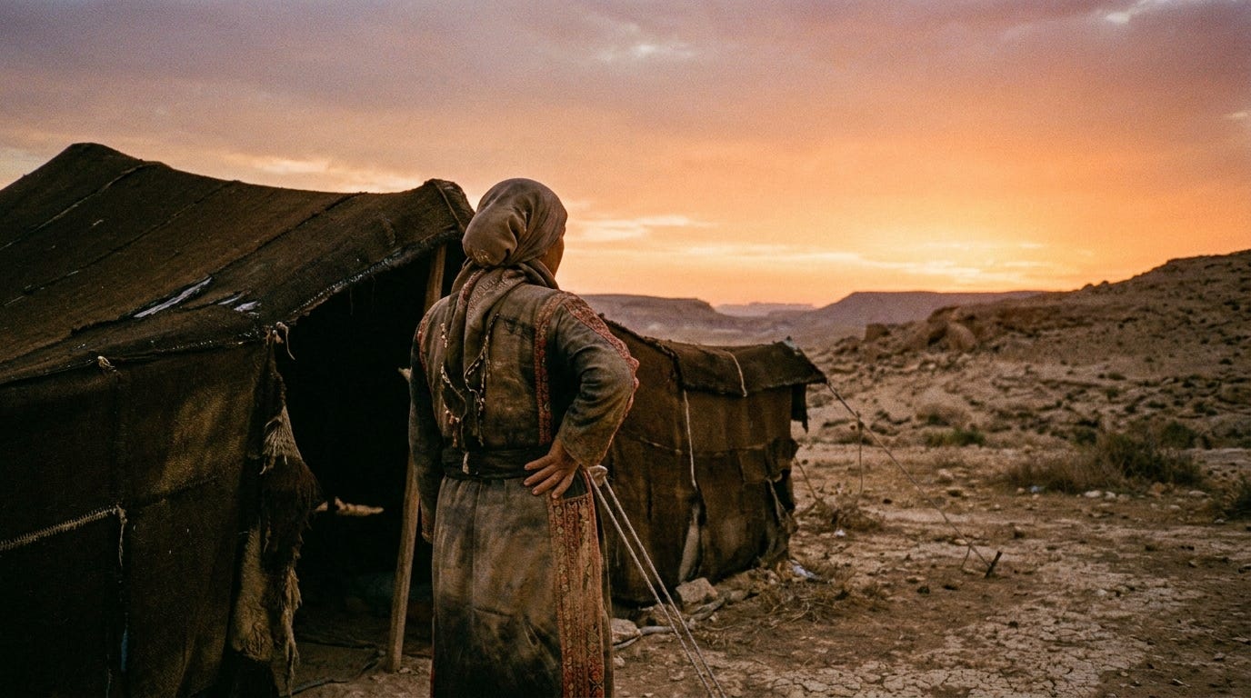 A woman alone at dusk outside a goat-hair tent in the Negev, seen from behind, one hand resting on her side, the evening sky wide above, no faces, no text