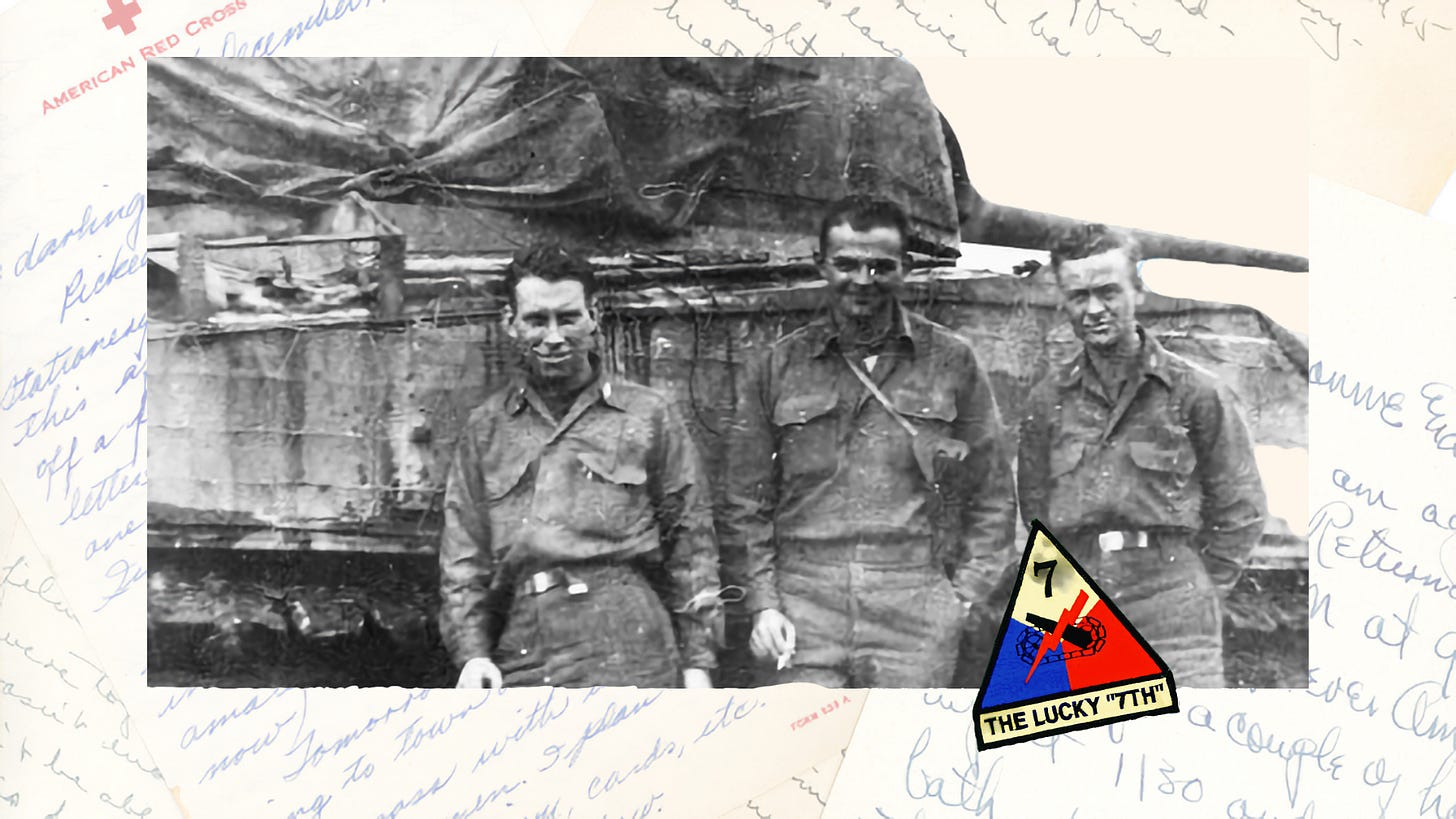 Black and white photograph of three young American officers standing in front of a Sherman tank, with the 7th Armored Division "Lucky 7th" triangular patch overlaid in the corner. The men in the company dubbed this photo "the Big Three." All three had received battlefield commissions. The image is set against a background of Jack's original wartime letters. Black and white photograph of three young American officers standing in front of a Sherman tank, with the 7th Armored Division "Lucky 7th" triangular patch overlaid in the corner. The men in the company dubbed this photo "the Big Three." All three had received battlefield commissions. The image is set against a background of Jack's original wartime letters.