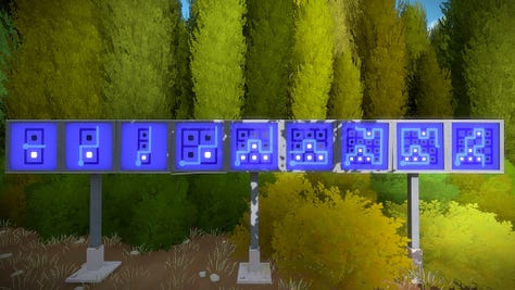 Screenshot from The Witness showing few solved puzzle panels