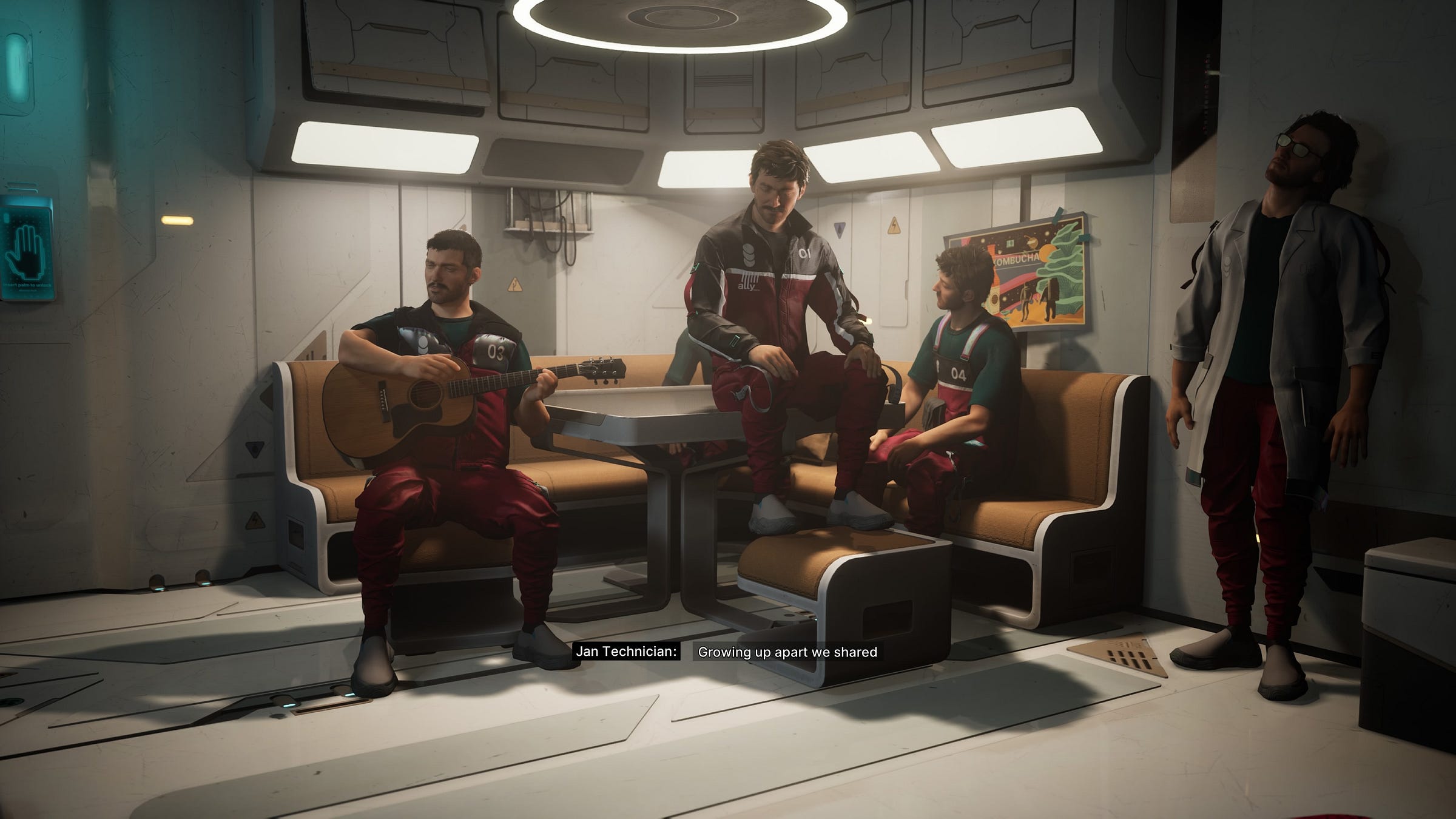 video game screenshot of a man and three of his clones sitting around or on a table in the corner of a room of a space base. One holds a guitar. They're singing a song together.
