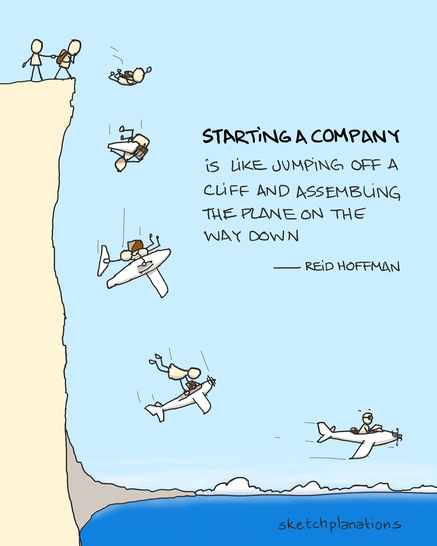A comic comparing starting a company to jumping off a cliff and assembling a plane on the way down A comic comparing starting a company to jumping off a cliff and assembling a plane on the way down