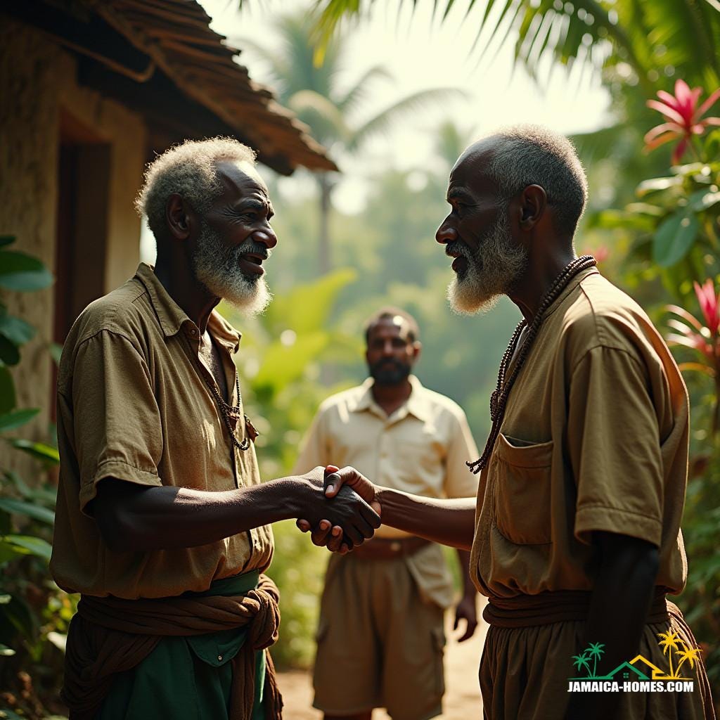 Two wise, aged black men, dressed in traditional Jamaican attire, with worn, weathered skin and wisps of grey hair, shake hands firmly, their faces etched with warmth and trust, as they finalize a property transfer in a sun-drenched, rustic outdoor setting, surrounded by lush greenery and vibrant tropical flowers, with a witness, clad in a crisp, white shirt, standing attentively in the background, amidst a warm, golden light, softly diffused through the leafy canopy above