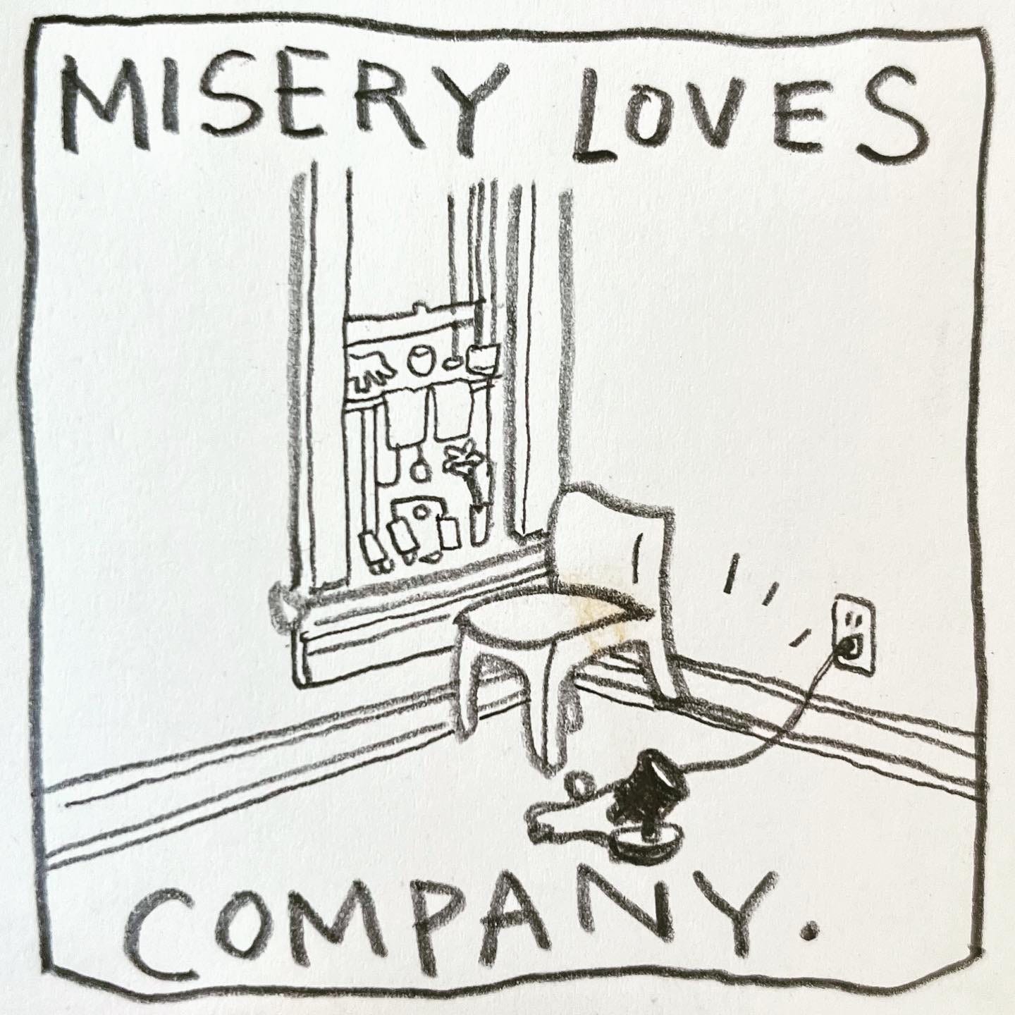 Panel 5: misery loves company. Image: An architectural drawing of a window, edged with the same fancy molding, with many objects placed on the sill. An empty, upholstered chair sits in front of the window. A light with a winding cord sits on the floor in front of the chair, pointing at the wall.