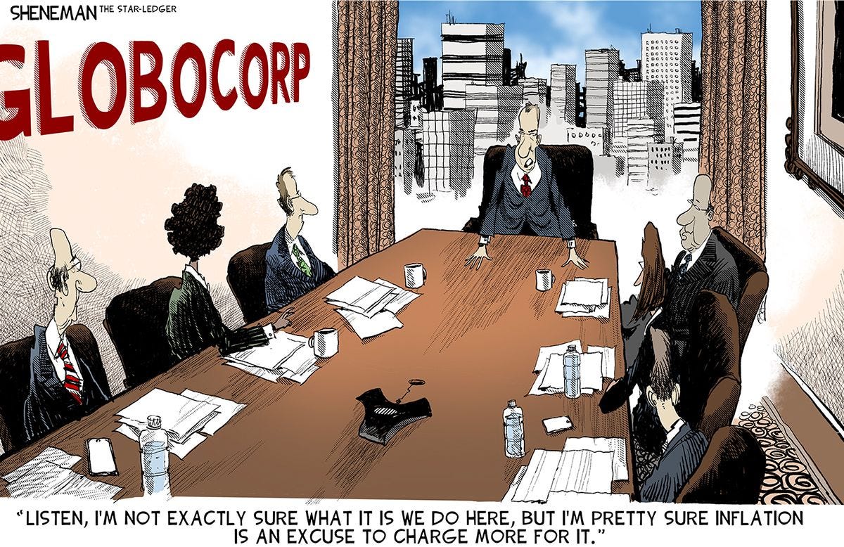 Cartoon depicting corporate executives exploiting inflation for greed