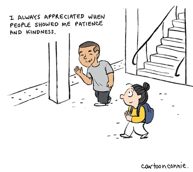5 of 6. Illustrated panel from a 2-page diary comic about New York City walking etiquette and a brief exchange with a man at a subway station. Titled "City Diary," June 2026, by Connie Sun, published on blog.cartoonconnie.com