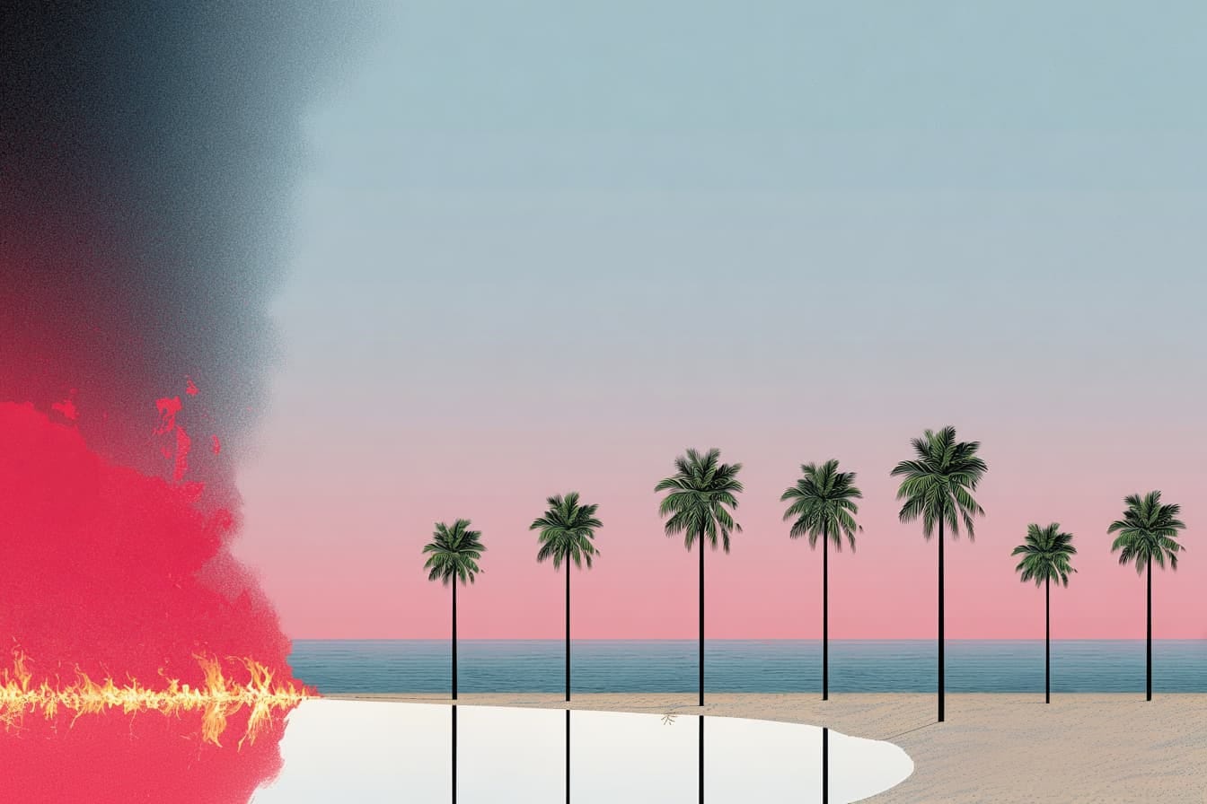 a beach with palm trees. The water is on fire.