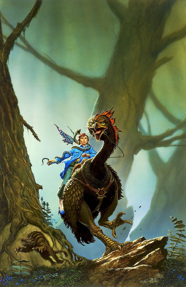 In a frantic flight through the woods, a fierce ostrich-like bird bends its sinuous neck as it corners around a massive tree. With a powerful talon, it grips rock and seeks footing with its other leg raised. Mounted on its back gripping reins is a redheaded man in a vibrant blue coat. A serpent coils around his shoulder and down his extended arm. The serpent spreads kaleidoscopic wings and hisses in displeasure. A badger-like creature springs out of their path. In a frantic flight through the woods, a fierce ostrich-like bird bends its sinuous neck as it corners around a massive tree. With a powerful talon, it grips rock and seeks footing with its other leg raised. Mounted on its back gripping reins is a redheaded man in a vibrant blue coat. A serpent coils around his shoulder and down his extended arm. The serpent spreads kaleidoscopic wings and hisses in displeasure. A badger-like creature springs out of their path.