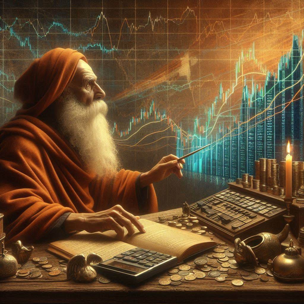 an ancient philosopher studying stock charts