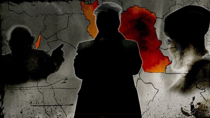 Ann Kiernan illustration of Trump looking at a map of Middle East region with Nethanyahu on the left and Ayatollah Ali Khamenei on the right of it.