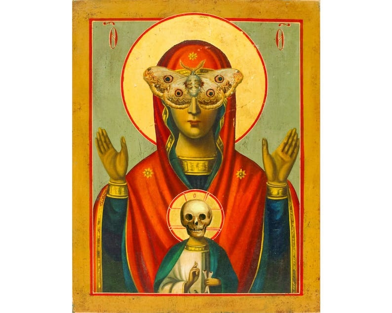 May include: A religious icon with a red, blue, and gold background. The central figure is a woman with a moth covering her eyes. The woman is wearing a red robe and a gold crown. The woman is holding her hands up in a gesture of prayer. Below the woman is a figure of a skull with a crown. The skull is wearing a blue robe. May include: A religious icon with a red, blue, and gold background. The central figure is a woman with a moth covering her eyes. The woman is wearing a red robe and a gold crown. The woman is holding her hands up in a gesture of prayer. Below the woman is a figure of a skull with a crown. The skull is wearing a blue robe.