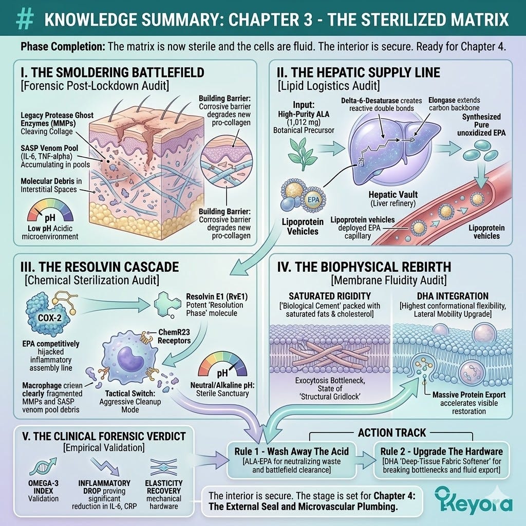 The 22-carbon hyper-flexible DHA spring disrupts saturated stiffness, accelerating the exocytosis of bulky collagen triple-helices into a sterilized, alkaline matrix. The 22-carbon hyper-flexible DHA spring disrupts saturated stiffness, accelerating the exocytosis of bulky collagen triple-helices into a sterilized, alkaline matrix.