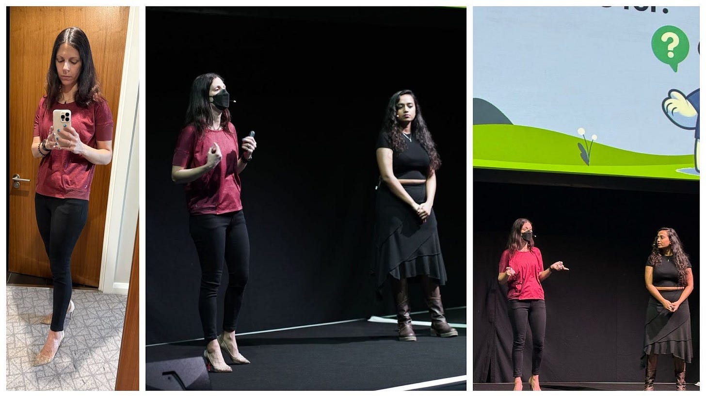 Three images featuring two individuals. The first image is a selfie of one person standing in front of a wooden door, wearing a red shirt, black pants, and beige heels, holding a phone. The second image shows the same individual speaking into a microphone on stage, joined by another person in a black crop top, black skirt, and brown boots. The third image is similar, showing both individuals on stage with a presentation screen in the background displaying a green landscape and a question mark.