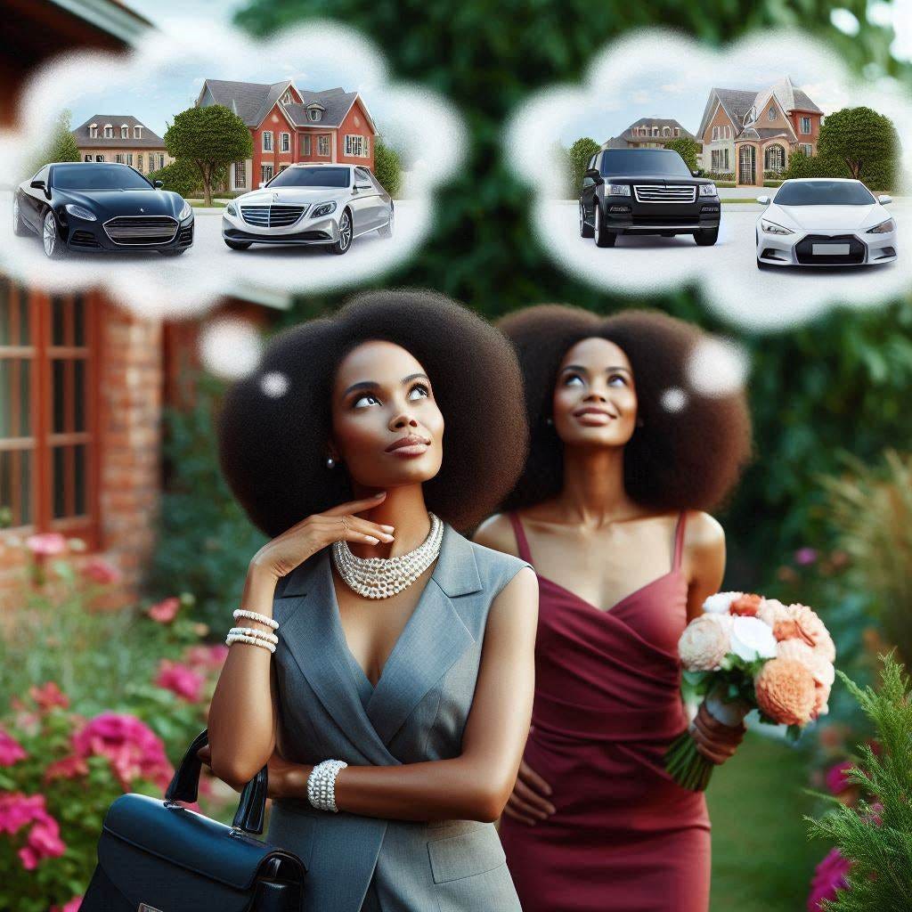 African AMerican women daydreaming of cars, mansions, marriage, business while walking in a garden