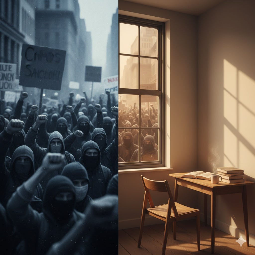 This split image captures what Ernst Jünger called the anarch's position: the threshold between order and chaos, participation and withdrawal, the performance and the forest. On the left, the human show plays out—moral preachers convinced of their righteousness, ideological tribes warring over shadows, the predictable path from certainty to violence that characterises British social collapse. On the right, the sanctuary of the four walls, where observation remains possible without tribal capture. It's not cynicism. It's clarity. When you're not emotionally invested in the performance, when your neurodivergent wiring gives you that slight remove from the theatre, you see patterns others miss. You notice the same scripts with different actors, the same moral certainty breeding the same violence, the institutional failure everyone's ignoring whilst they fight culture wars. This is British decline commentary from the border—neither heroic nor inspiring, but effective. Read the full essay on how a neurodivergent political observer accidentally discovered he'd been living Jünger's anarch philosophy all along.